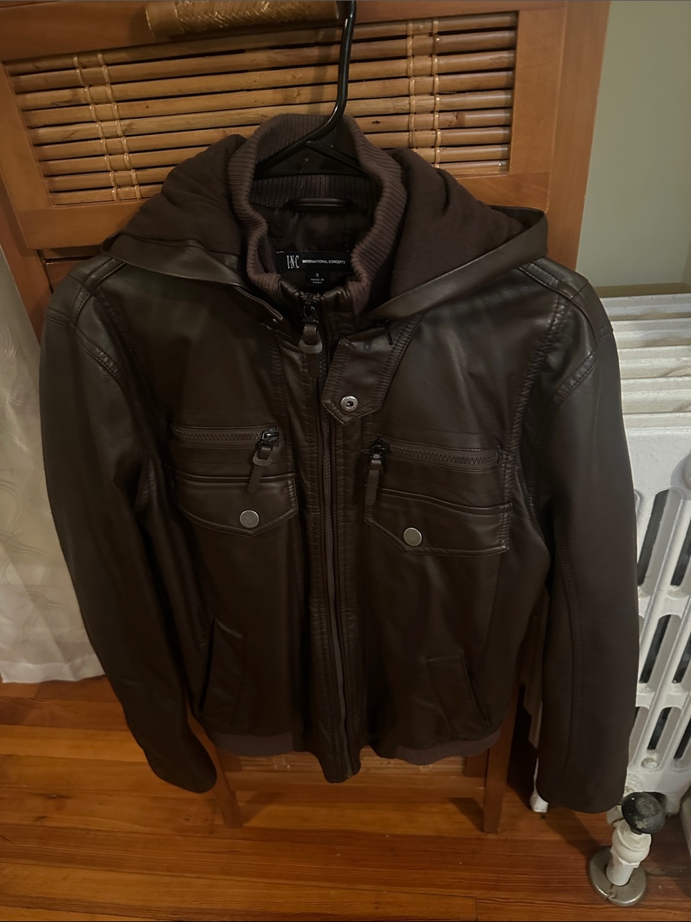 INC International Concepts Dark Brown Faux Leather Bomber Jacket with Hood
